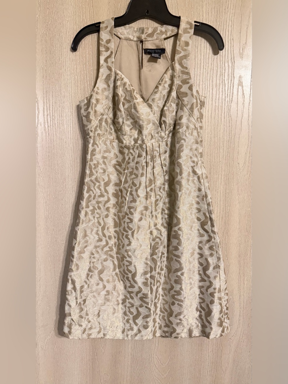 Etcetera Cream and Gold V-Neck Pleated A-Line Midi Dress